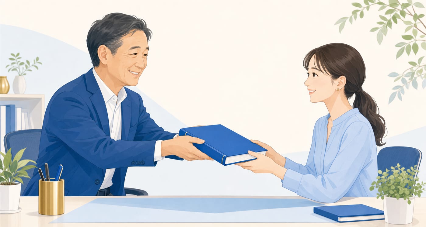 取扱説明書を後継者へ手渡すイラスト
