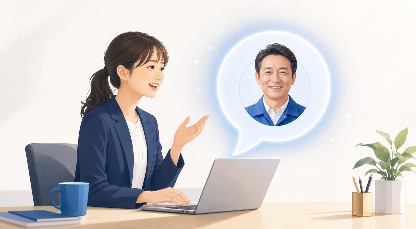 社員の質問に、社長の分身AIがチャットで答えるイラスト