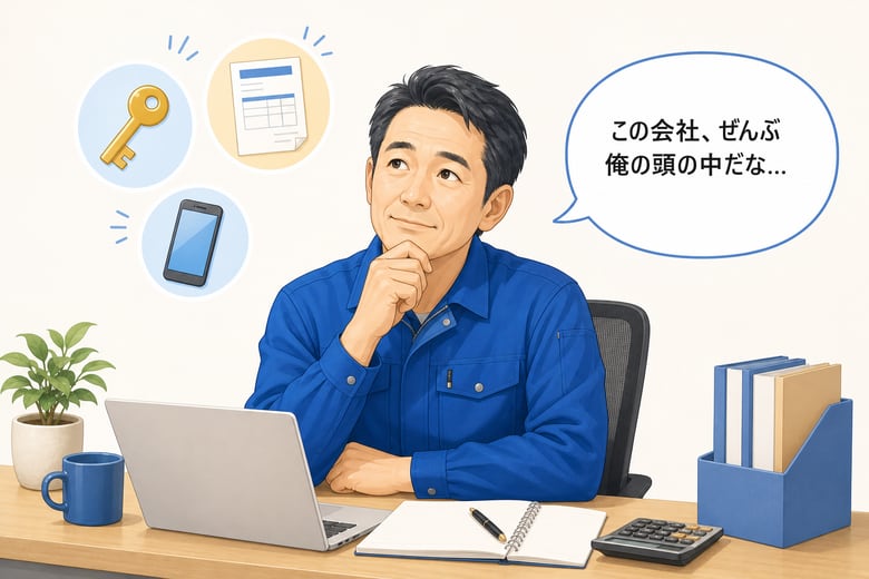 1コマ目: 事務所で考え込む社長。「この会社、ぜんぶ俺の頭の中だな…」
