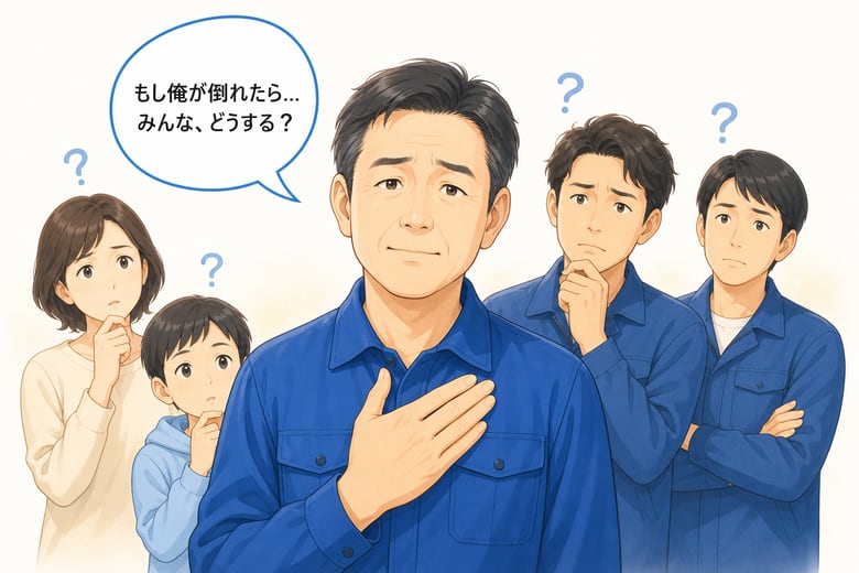2コマ目: 不安になる社長と、心配する家族や社員。「もし俺が倒れたら…みんな、どうする?」
