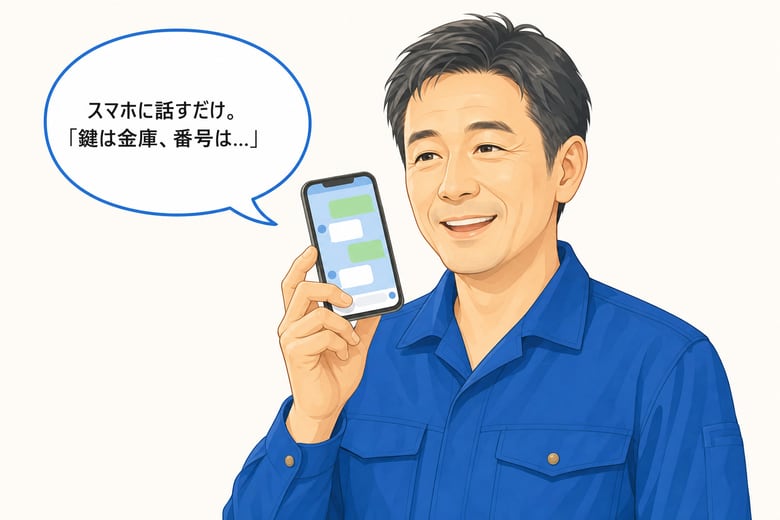 3コマ目: スマホでAIに話しかける社長。「スマホに話すだけ。鍵は金庫、番号は…」