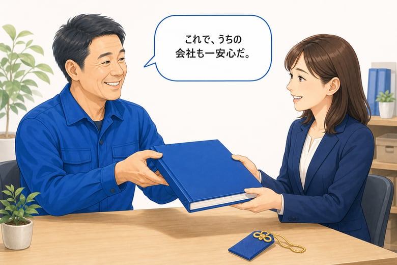 4コマ目: 取扱説明書を後継者へ手渡す社長。「これで、うちの会社も一安心だ。」